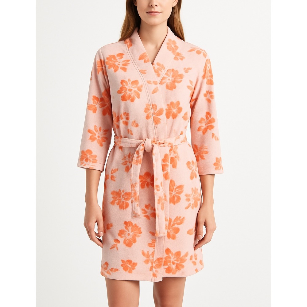Jasmine Rose Terry Cloth Floral Wrap Robe Pink Orange Belted Bath Spa Size‎ S